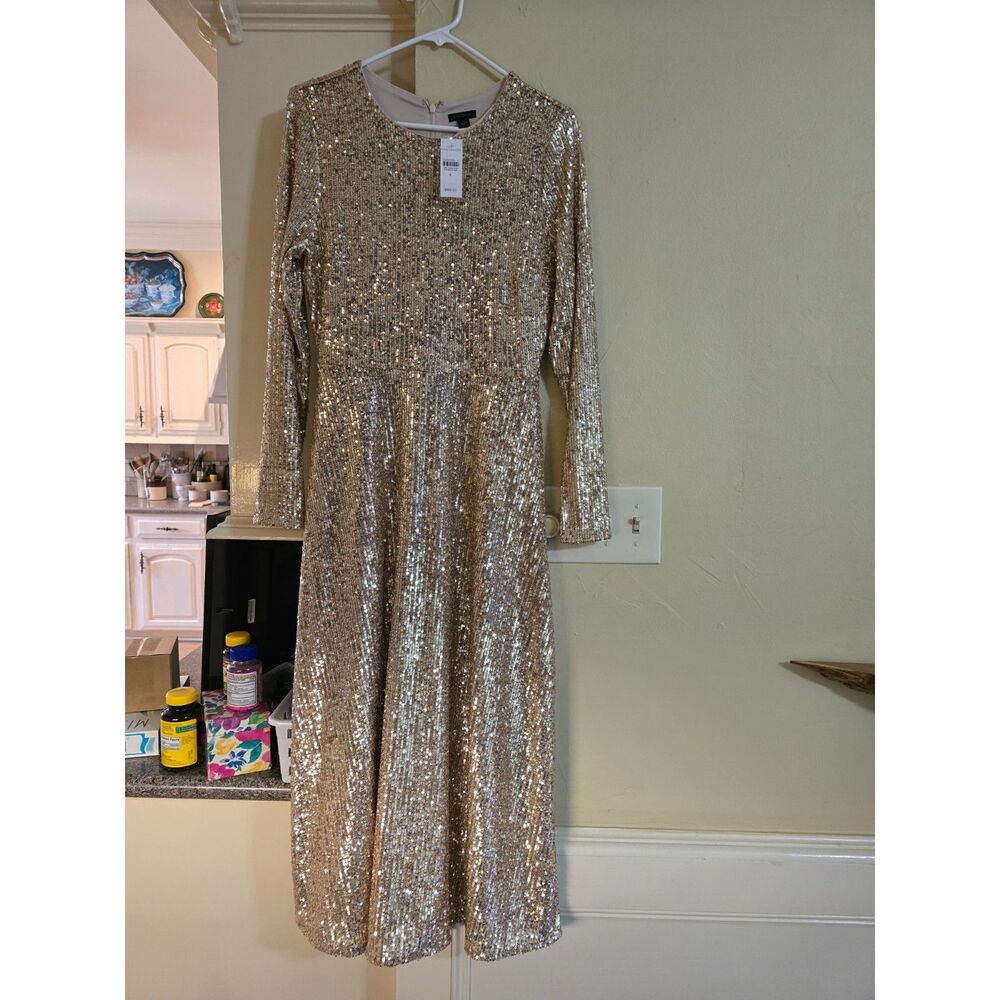 Ann Taylor Gold Sequin Midi Flare Long Sleeves Formal Dress NWT Women's SZ 6
